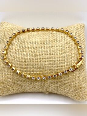 Vintage Gold Tone Rhinestone Tennis Bracelet Clear Crystal Link Foldover Clasp